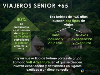VIAJEROS SENIOR +65
80%
de
crecimiento
en el número
de viajeros
65-74 años
australianos
al exterior
entre 2012-
2016
Los turistas de +65 años
buscan dos tipos de
viajes
Todo
incluido y
cruceros
Nuevas
experiencias
y aventuras
Hay un nuevo tipo de turismo para este grupo
llamado Soft Adventure, en el que se ofrecen
nuevas experiencias y actividades en lugares
exóticos a un ritmo tranquilo
 