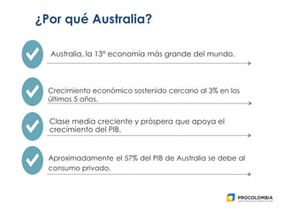 Clase media creciente y próspera que apoya el
crecimiento del PIB.
Crecimiento económico sostenido cercano al 3% en los
últimos 5 años.
¿Por qué Australia?
Australia, la 13° economía más grande del mundo.
Aproximadamente el 57% del PIB de Australia se debe al
consumo privado.
 