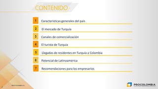 PROCOLOMBIA.CO
Características generales del país1
El mercado de Turquía2
CONTENIDO
2
Canales de comercialización3
El turi...