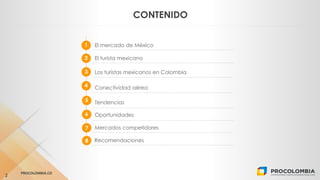 CLICK TO EDIT MASTER TEXT STYLES
PROCOLOMBIA.CO
2
CONTENIDO
2 El turista mexicano
3
4
Los turistas mexicanos en Colombia
C...