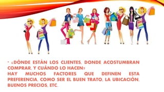 * ¿DÓNDE ESTÁN LOS CLIENTES, DONDE ACOSTUMBRAN
COMPRAR, Y CUÁNDO LO HACEN?
HAY MUCHOS FACTORES QUE DEFINEN ESTA
PREFERENCIA, COMO SER EL BUEN TRATO, LA UBICACIÓN,
BUENOS PRECIOS, ETC.
 