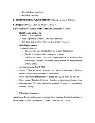 Descripcion y Perfil de Puestos "El Gustosito" Chiclayo- Peru | PDF