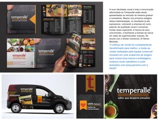 A nova identidade visual e toda a comunicação
reformulada da Temperalle estão sendo
apresentadas ao mercado de maneira gradual
e consistente. Mesmo nos primeiros estágios
dessa implementação, os resultados já são
expressivos, colocando a empresa em outro
patamar de qualidade visual e conceitual,
muitas vezes superando a maioria de seus
concorrentes, e facilitando a entrada da marca
em redes de supermercados maiores. De
acordo com o Diretor Comercial, Sr Nilmar
Machado,
"o esforço de venda foi completamente
transformado para melhor, e todas as
visitas realizadas pela equipe comercial
resultam em uma avalanche de elogios
para nossa nova marca e embalagens,
estamos muito satisfeitos e muito
animados com essa parceria com a
Perfil!"
 