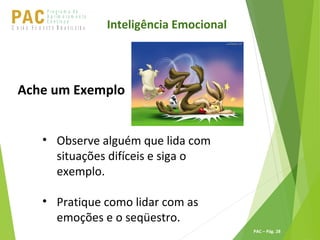 P ro g ra m a d e
A p r im o ra m e n t o
C o n t ín u oPACU S BN I Ã O U D E S T E R A S I L E I R A
PAC – Pág. 28
Inteligência Emocional
Ache um Exemplo
• Observe alguém que lida com
situações difíceis e siga o
exemplo.
• Pratique como lidar com as
emoções e o seqüestro.
 