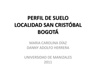 PERFIL DE SUELO
LOCALIDAD SAN CRISTÓBAL
        BOGOTÁ
     MARIA CAROLINA DÍAZ
    DANNY ADOLFO HERRERA

   UNIVERSIDAD DE MANIZALES
             2011
 