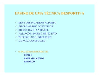 ENSINO DE UMA TÉCNICA DESPORTIVA

   DEVE DESENCADEAR ALEGRIA
   INFORMAR DOS OBJECTIVOS
   DIFICULDADE VARIÁVEL
   VA...