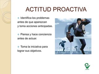 ACTITUD PROACTIVAIdentifica los problemas antes de que aparezcany toma acciones anticipadas.Piensa y hace concienciaantes de actuar.Toma la iniciativa paralograr sus objetivos.