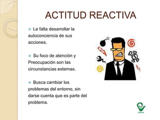 ACTITUD REACTIVALe falta desarrollar laautoconciencia de sus acciones.Su foco de atención y Preocupación son lascircunstancias externas.Busca cambiar los problemas del entorno, sindarse cuenta que es parte delproblema.