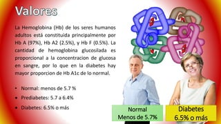 La Hemoglobina (Hb) de los seres humanos 
adultos está constituida principalmente por 
Hb A (97%), Hb A2 (2.5%), y Hb F (0.5%). La 
cantidad de hemoglobina glucosilada es 
proporcional a la concentracion de glucosa 
en sangre, por lo que en la diabetes hay 
mayor proporcion de Hb A1c de lo normal. 
• Normal: menos de 5.7 % 
 Prediabetes: 5.7 a 6.4% 
 Diabetes: 6.5% o más Normal 
Menos de 5.7% 
Diabetes 
6.5% o más 
 