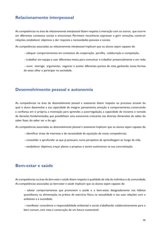 15
Relacionamento interpessoal
As competências na área de relacionamento interpessoal dizem respeito à interação com os outros, que ocorre
em diferentes contextos sociais e emocionais. Permitem reconhecer, expressar e gerir emoções, construir
relações, estabelecer objetivos e dar resposta a necessidades pessoais e sociais.
As competências associadas ao relacionamento interpessoal implicam que os alunos sejam capazes de:
- adequar comportamentos em contextos de cooperação, partilha, colaboração e competição;
- trabalhar em equipa e usar diferentes meios para comunicar e trabalhar presencialmente e em rede;
- ouvir, interagir, argumentar, negociar e aceitar diferentes pontos de vista, ganhando novas formas
de estar, olhar e participar na sociedade.
Desenvolvimento pessoal e autonomia
As competências na área de desenvolvimento pessoal e autonomia dizem respeito ao processo através do
qual o aluno desenvolve a sua capacidade de integrar pensamento, emoção e comportamento, construindo
a confiança em si próprio, a motivação para aprender, a autorregulação, a capacidade de iniciativa e tomada
de decisões fundamentadas, que possibilitam uma autonomia crescente nas diversas dimensões do saber, do
saber fazer, do saber ser e do agir.
As competências associadas ao desenvolvimento pessoal e autonomia implicam que os alunos sejam capazes de:
- identificar áreas de interesse e de necessidade de aquisição de novas competências;
- consolidar e aprofundar as que já possuem, numa perspetiva de aprendizagem ao longo da vida;
- estabelecer objetivos, traçar planos e projetos e serem autónomos na sua concretização.
Bem-estar e saúde
As competências na área de bem-estar e saúde dizem respeito à qualidade de vida do indivíduo e da comunidade.
As competências associadas ao bem-estar e saúde implicam que os alunos sejam capazes de:
- adotar comportamentos que promovem a saúde e o bem-estar, designadamente nos hábitos
quotidianos, na alimentação, na prática de exercício físico, na sexualidade e nas suas relações com o
ambiente e a sociedade;
- manifestar consciência e responsabilidade ambiental e social, trabalhando colaborativamente para o
bem comum, com vista à construção de um futuro sustentável.
 