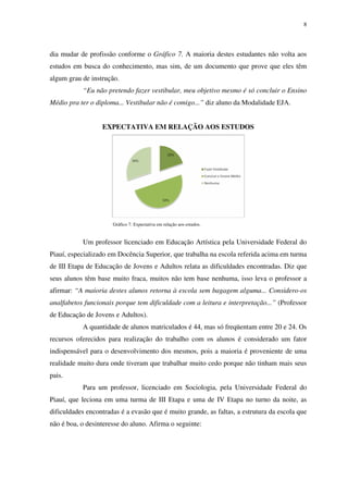 8
dia mudar de profissão conforme o Gráfico 7. A maioria destes estudantes não volta aos
estudos em busca do conhecimento, mas sim, de um documento que prove que eles têm
algum grau de instrução.
“Eu não pretendo fazer vestibular, meu objetivo mesmo é só concluir o Ensino
Médio pra ter o diploma... Vestibular não é comigo...” diz aluno da Modalidade EJA.
EXPECTATIVA EM RELAÇÃO AOS ESTUDOS
Gráfico 7: Expectativa em relação aos estudos.
Um professor licenciado em Educação Artística pela Universidade Federal do
Piauí, especializado em Docência Superior, que trabalha na escola referida acima em turma
de III Etapa de Educação de Jovens e Adultos relata as dificuldades encontradas. Diz que
seus alunos têm base muito fraca, muitos não tem base nenhuma, isso leva o professor a
afirmar: “A maioria destes alunos retorna à escola sem bagagem alguma... Considero-os
analfabetos funcionais porque tem dificuldade com a leitura e interpretação...” (Professor
de Educação de Jovens e Adultos).
A quantidade de alunos matriculados é 44, mas só freqüentam entre 20 e 24. Os
recursos oferecidos para realização do trabalho com os alunos é considerado um fator
indispensável para o desenvolvimento dos mesmos, pois a maioria é proveniente de uma
realidade muito dura onde tiveram que trabalhar muito cedo porque não tinham mais seus
pais.
Para um professor, licenciado em Sociologia, pela Universidade Federal do
Piauí, que leciona em uma turma de III Etapa e uma de IV Etapa no turno da noite, as
dificuldades encontradas é a evasão que é muito grande, as faltas, a estrutura da escola que
não é boa, o desinteresse do aluno. Afirma o seguinte:
 