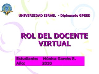 UNIVERSIDAD ISRAEL  - Diplomado GPEED ROL DEL DOCENTE VIRTUAL Estudiante:  Mónica Garcés R. Año:  2010 