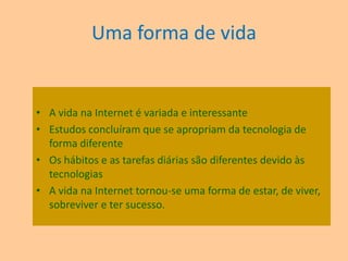 20,000 horas de televisãoComo processam a Informação?Utilizam e processam a informação recebida de forma muito rápidaCumprem várias tarefas em simultâneo (ex: aprendem/estudam a ouvir música e a ver Tv)Seleccionam os gráficos antes do textoTêm preferência por hiperligações e hipertextosTrabalham melhor quando estão ligados à InternetPreferem os jogos aos trabalhos “sérios”Descarregam ficheiros de músicaVivem com os auscultadores nos bolsosTrazem a biblioteca no computador