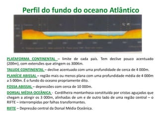 Perfil do fundo do oceano AtlânticoPLATAFORMA CONTINENTAL – limite de cada país. Tem declive pouco acentuado (200m), com extensões que atingem os 300Km. TALUDE CONTINENTAL – declive acentuado com uma profundidade de cerca de 4 000m.PLANÍCIE ABISSAL – região mais ou menos plana com uma profundidade média de 4 000m a 5 000m. É o fundo do oceano propriamente dito.FOSSA ABISSAL – depressões com cerca de 10 000m.DORSAL MÉDIA OCEÂNICA-  Cordilheira montanhosa constituída por cristas aguçadas que chegam a atingir os 3 000m, alinhadas de um e de outro lado de uma região central – o RIFTE – interrompidas por falhas transformantes.RIFTE – Depressão central da Dorsal Média Oceânica.