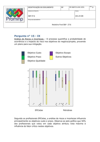 REV.
               IDENTIFICAÇÃO DO DOCUMENTO            Nº         RF-E&P27.6-DIC.2255          0
               CÓDIGO DO PROJETO:                                      FOLHA:



               E&P 27.6                                                101 of 228
               TÍTULO DO DOCUMENTO:



                                         Relatório Final E&P - 27.6




Pergunta n° 15 - IX
Análise de Riscos e Incertezas – O processo quantifica a probabilidade de
ocorrência e o impacto do risco nos objetivos do negócio/projeto, provendo
um plano para sua mitigação.



              Objetivo Custo                 Objetivo Escopo

              Objetivo Prazo                 Outros Objetivos

              Objetivo Qualidade




                          EPCistas                      Petrobras



Segundo os profissionais EPCistas, a análise de riscos e incertezas influencia
principalmente os objetivos custo e prazo. Observa-se pelo gráfico que 50%
dos profissionais que votou em cada objetivo atribuiu nota máxima à
influência do fator crítico nestes objetivos.
 