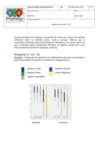 REV.
              IDENTIFICAÇÃO DO DOCUMENTO            Nº         RF-E&P27.6-DIC.2255          0
              CÓDIGO DO PROJETO:                                      FOLHA:



              E&P 27.6                                                103 of 228
              TÍTULO DO DOCUMENTO:



                                        Relatório Final E&P - 27.6




O gerenciamento da mudança na opinião de ambos os grupos tem grande
influência sobre os critérios prazo, custo e escopo. Nota-se que a
importância atribuída pelos profissionais da Petrobras é um pouco menor do
que a atribuída pelos profissionais EPCistas. O objetivo escopo foi o que
mais apresentou pontos de destaque (outliers).


Pergunta n° 15 - XI
Parcerias - Realização de parcerias com fabricantes nacionais e estrangeiros
para fornecimento de pacotes de materiais e equipamentos.



              Objetivo Custo                Objetivo Escopo

              Objetivo Prazo                Outros Objetivos

              Objetivo Qualidade




                     EPCistas                    Petrobras
 