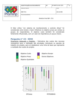 REV.
              IDENTIFICAÇÃO DO DOCUMENTO                           Nº       RF-E&P27.6-DIC.2255                  0
              CÓDIGO DO PROJETO:                                                    FOLHA:



              E&P 27.6                                                              123 of 228
              TÍTULO DO DOCUMENTO:



                                                     Relatório Final E&P - 27.6




O fator crítico “um sistema de monitoramento e controle eficaz” foi
considerado como tendo a maior influência no objetivo prazo por ambos os
grupos de respondentes. O objetivo custo também foi considerado
fortemente influenciado, com um valor de importância um pouco menor.


Pergunta n° 15 - XXVI
Orçamento Adequado e Realista – Estimativa dos custos dos recursos
necessários para a realização das atividades individuais ou pacotes de
trabalho do projeto, para se estabelecer uma linha de base que represente
a realidade dos custos do projeto.



             Objetivo Custo                                Objetivo Escopo

             Objetivo Prazo                                Outros Objetivos

             Objetivo Qualidade



                                                                                  15) FCS -
                10                                                                XXVI. Orçamento
                                                                                  Adequado e Realista -
                                                                                  Custo
                                                                                  15) FCS -
                                                                                  XXVI. Orçamento
                                                                                  Adequado e Realista -
                 8                                                                Prazo
                                                                                  15) FCS -
                            26
                       16                                                         XXVI. Orçamento
                            2                                                     Adequado e Realista -
                       43                                                         Qualidade
                            8                                                     15) FCS -
                 6                                                                XXVI. Orçamento
                                                                                  Adequado e Realista -
                            36                                                    Escopo
                                                                                  15) FCS -
                                                                                  XXVI. Orçamento
                                                                                  Adequado e Realista -
                 4                                                                Outros Objetivos




                 2



                        67
                            32 36 44 44 67                    99    79
                 0
                                  32 47 36

                                 Outra Empresa                 Petrobras

                                                 Empresa
                            EPCistas                                 PETROBRAS
 