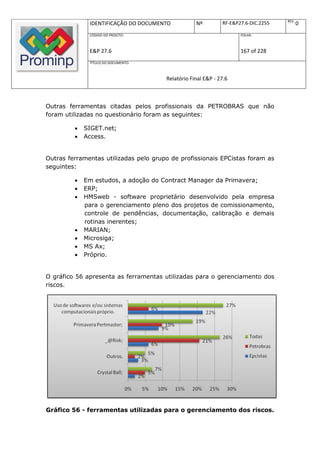 REV.
              IDENTIFICAÇÃO DO DOCUMENTO           Nº         RF-E&P27.6-DIC.2255          0
              CÓDIGO DO PROJETO:                                     FOLHA:



              E&P 27.6                                               167 of 228
              TÍTULO DO DOCUMENTO:



                                       Relatório Final E&P - 27.6



Outras ferramentas citadas pelos profissionais da PETROBRAS que não
foram utilizadas no questionário foram as seguintes:

            SIGET.net;
            Access.


Outras ferramentas utilizadas pelo grupo de profissionais EPCistas foram as
seguintes:

            Em estudos, a adoção do Contract Manager da Primavera;
            ERP;
            HMSweb - software proprietário desenvolvido pela empresa
             para o gerenciamento pleno dos projetos de comissionamento,
             controle de pendências, documentação, calibração e demais
             rotinas inerentes;
            MARIAN;
            Microsiga;
            MS Ax;
            Próprio.


O gráfico 56 apresenta as ferramentas utilizadas para o gerenciamento dos
riscos.




Gráfico 56 - ferramentas utilizadas para o gerenciamento dos riscos.
 