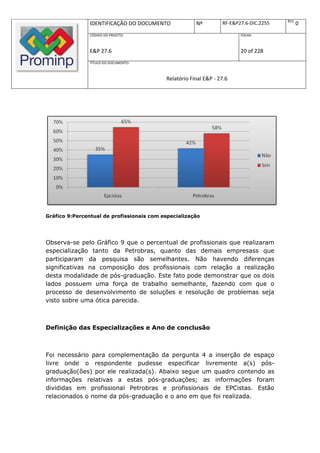 REV.
                IDENTIFICAÇÃO DO DOCUMENTO             Nº         RF-E&P27.6-DIC.2255          0
                CÓDIGO DO PROJETO:                                       FOLHA:



                E&P 27.6                                                 20 of 228
                TÍTULO DO DOCUMENTO:



                                           Relatório Final E&P - 27.6




Gráfico 9:Percentual de profissionais com especialização




Observa-se pelo Gráfico 9 que o percentual de profissionais que realizaram
especialização tanto da Petrobras, quanto das demais empresass que
participaram da pesquisa são semelhantes. Não havendo diferenças
significativas na composição dos profissionais com relação a realização
desta modalidade de pós-graduação. Este fato pode demonstrar que os dois
lados possuem uma força de trabalho semelhante, fazendo com que o
processo de desenvolvimento de soluções e resolução de problemas seja
visto sobre uma ótica parecida.



Definição das Especializações e Ano de conclusão



Foi necessário para complementação da pergunta 4 a inserção de espaço
livre onde o respondente pudesse especificar livremente a(s) pós-
graduação(ões) por ele realizada(s). Abaixo segue um quadro contendo as
informações relativas a estas pós-graduações; as informações foram
divididas em profissional Petrobras e profissionais de EPCistas. Estão
relacionados o nome da pós-graduação e o ano em que foi realizada.
 