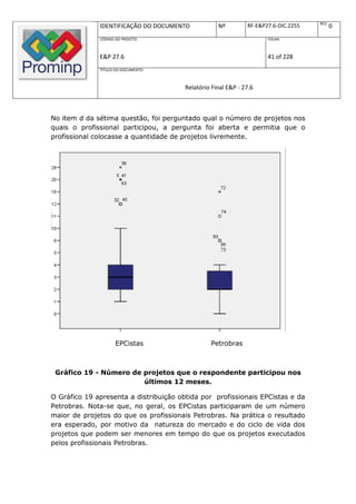REV.
              IDENTIFICAÇÃO DO DOCUMENTO            Nº         RF-E&P27.6-DIC.2255          0
              CÓDIGO DO PROJETO:                                      FOLHA:



              E&P 27.6                                                41 of 228
              TÍTULO DO DOCUMENTO:



                                        Relatório Final E&P - 27.6



No item d da sétima questão, foi perguntado qual o número de projetos nos
quais o profissional participou, a pergunta foi aberta e permitia que o
profissional colocasse a quantidade de projetos livremente.




                     EPCistas                    Petrobras



 Gráfico 19 - Número de projetos que o respondente participou nos
                        últimos 12 meses.

O Gráfico 19 apresenta a distribuição obtida por profissionais EPCistas e da
Petrobras. Nota-se que, no geral, os EPCistas participaram de um número
maior de projetos do que os profissionais Petrobras. Na prática o resultado
era esperado, por motivo da natureza do mercado e do ciclo de vida dos
projetos que podem ser menores em tempo do que os projetos executados
pelos profissionais Petrobras.
 