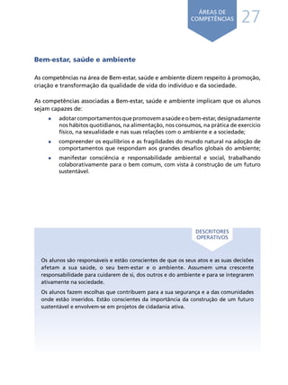 27
ÁREAS DE
COMPETÊNCIAS
Bem-estar, saúde e ambiente
As competências na área de Bem-estar, saúde e ambiente dizem respeito à promoção,
criação e transformação da qualidade de vida do indivíduo e da sociedade.
As competências associadas a Bem-estar, saúde e ambiente implicam que os alunos
sejam capazes de:
•	 adotarcomportamentosquepromovemasaúdeeobem-estar,designadamente
nos hábitos quotidianos, na alimentação, nos consumos, na prática de exercício
físico, na sexualidade e nas suas relações com o ambiente e a sociedade;
•	 compreender os equilíbrios e as fragilidades do mundo natural na adoção de
comportamentos que respondam aos grandes desafios globais do ambiente;
•	 manifestar consciência e responsabilidade ambiental e social, trabalhando
colaborativamente para o bem comum, com vista à construção de um futuro
sustentável.
Os alunos são responsáveis e estão conscientes de que os seus atos e as suas decisões
afetam a sua saúde, o seu bem-estar e o ambiente. Assumem uma crescente
responsabilidade para cuidarem de si, dos outros e do ambiente e para se integrarem
ativamente na sociedade.
Os alunos fazem escolhas que contribuem para a sua segurança e a das comunidades
onde estão inseridos. Estão conscientes da importância da construção de um futuro
sustentável e envolvem-se em projetos de cidadania ativa.
DESCRITORES
OPERATIVOS
Í N D I C E
página anterior página seguinte
 