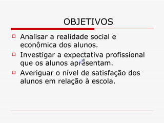 OBJETIVOS Analisar a realidade social e econômica dos alunos. Investigar a expectativa profissional que os alunos apresentam. Averiguar o nível de satisfação dos alunos em relação à escola. 