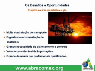  Muita contratação de transporte
 Gigantesca movimentação de
materiais
 Grande necessidade de planejamento e controle
 Volume considerável de importações
 Grande demanda por profissionais qualificados.
Os Desafios e Oportunidades
Projetos na área de petróleo e gás
 