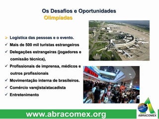  Logística das pessoas e o evento.
 Mais de 500 mil turistas estrangeiros
 Delegações estrangeiras (jogadores e
comissão técnica),
 Profissionais de imprensa, médicos e
outros profissionais
 Movimentação interna de brasileiros.
 Comércio varejista/atacadista
 Entretenimento
Os Desafios e Oportunidades
Olimpíadas
 