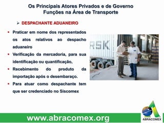  Praticar em nome dos representados
os atos relativos ao despacho
aduaneiro
 Verificação da mercadoria, para sua
identificação ou quantificação,
 Recebimento do produto da
importação após o desembaraço.
 Para atuar como despachante tem
que ser credenciado no Siscomex
Os Principais Atores Privados e de Governo
Funções na Área de Transporte
 DESPACHANTE ADUANEIRO
 