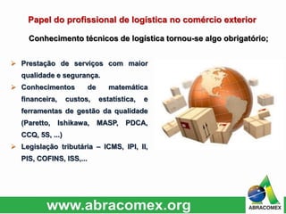  Prestação de serviços com maior
qualidade e segurança.
 Conhecimentos de matemática
financeira, custos, estatística, e
ferramentas de gestão da qualidade
(Paretto, Ishikawa, MASP, PDCA,
CCQ, 5S, ...)
 Legislação tributária – ICMS, IPI, II,
PIS, COFINS, ISS,...
Conhecimento técnicos de logística tornou-se algo obrigatório;
Papel do profissional de logística no comércio exterior
 