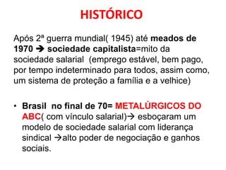 HISTÓRICO
Após 2ª guerra mundial( 1945) até meados de
1970  sociedade capitalista=mito da
sociedade salarial (emprego estável, bem pago,
por tempo indeterminado para todos, assim como,
um sistema de proteção a família e a velhice)

• Brasil no final de 70= METALÚRGICOS DO
  ABC( com vínculo salarial) esboçaram um
  modelo de sociedade salarial com liderança
  sindical alto poder de negociação e ganhos
  sociais.
 