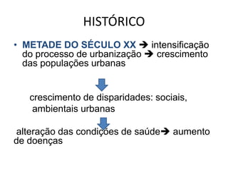 HISTÓRICO
• METADE DO SÉCULO XX  intensificação
  do processo de urbanização  crescimento
  das populações urbanas


   crescimento de disparidades: sociais,
    ambientais urbanas

alteração das condições de saúde aumento
de doenças
 