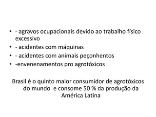 • - agravos ocupacionais devido ao trabalho físico
  excessivo
• - acidentes com máquinas
• - acidentes com animais peçonhentos
• -envenenamentos pro agrotóxicos

Brasil é o quinto maior consumidor de agrotóxicos
    do mundo e consome 50 % da produção da
                   América Latina
 