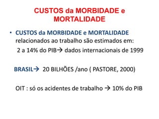 CUSTOS da MORBIDADE e
            MORTALIDADE
• CUSTOS da MORBIDADE e MORTALIDADE
  relacionados ao trabalho são estimados em:
   2 a 14% do PIB dados internacionais de 1999

 BRASIL 20 BILHÕES /ano ( PASTORE, 2000)

  OIT : só os acidentes de trabalho  10% do PIB
 