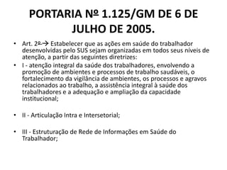 PORTARIA Nº 1.125/GM DE 6 DE
           JULHO DE 2005.
• Art. 2º  Estabelecer que as ações em saúde do trabalhador
  desenvolvidas pelo SUS sejam organizadas em todos seus níveis de
  atenção, a partir das seguintes diretrizes:
• I - atenção integral da saúde dos trabalhadores, envolvendo a
  promoção de ambientes e processos de trabalho saudáveis, o
  fortalecimento da vigilância de ambientes, os processos e agravos
  relacionados ao trabalho, a assistência integral à saúde dos
  trabalhadores e a adequação e ampliação da capacidade
  institucional;

• II - Articulação Intra e Intersetorial;

• III - Estruturação de Rede de Informações em Saúde do
  Trabalhador;
 