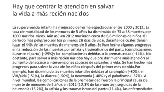 Hay que centrar la atención en salvar 
la vida a más recién nacidos 
La supervivencia infantil ha mejorado de forma espectacular entre 2000 y 2012. La 
tasa de mortalidad de los menores de 5 años ha disminuido de 75 a 48 muertes por 
1000 nacidos vivos. Aún así, en 2012 murieron cerca de 6,6 millones de niños. El 
periodo más peligroso son los primeros 28 días de vida, durante los cuales tienen 
lugar el 44% de las muertes de menores de 5 años. Se han hecho algunos progresos 
en la reducción de las muertes por asfixia y traumatismos del parto (complicaciones 
durante el parto) (–29%)y las complicaciones debidas a la prematuridad (–14%). No 
obstante, para salvar a más recién nacidos hay que prestar mucha más atención al 
aumento del acceso a intervenciones capaces de salvarles la vida. Se han hecho más 
progresos para salvar la vida de los niños después del primer mes de vida.Por 
ejemplo, han disminuido las muertes infantiles debidas al sarampión (–80%), el 
VIH/sida (–51%), la diarrea (–50%), la neumonía (–40%) y el paludismo (–37%). A 
nivel mundial, las complicaciones de la prematuridad fueron la principal causa de 
muerte de menores de 5 años en 2012 (17,3% de las muertes), seguidas de la 
neumonía (15,2%), la asfixia y los traumatismos del parto (11,4%), las enfermedades 
no transmisibles (10,8%) y la diarrea (9,5%). 
 