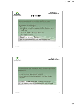 27-02-2014

CONCEITO DE
EMPREENDEDORISMO

CONCEITO

27-02-2014

69

CONCEITO DE
EMPREENDEDORISMO

27-02-2014

70

35

 