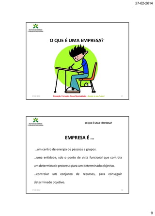 27-02-2014

O QUE É UMA EMPRESA?

27-02-2014

17

O QUE É UMA EMPRESA?

EMPRESA É …
…um centro de energia de pessoas e grupos.
…uma entidade, sob o ponto de vista funcional que controla
um determinado processo para um determinado objetivo.
…controlar um conjunto de recursos, para conseguir
determinado objetivo.
27-02-2014

18

9

 