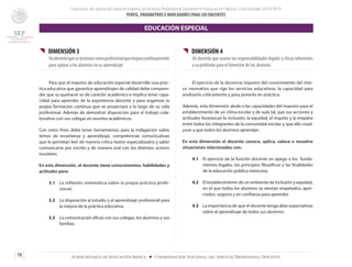 Concurso de oposición para el ingreso al Servicio Profesional Docente en Educación Básica. Ciclo Escolar 2014-2015
PERFIL, PARÁMETROS E INDICADORES PARA LOS DOCENTES
70 Subsecretaría de Educación Básica ■ Coordinación Nacional del Servicio Profesional Docente
{{ DIMENSIÓN 3
Undocentequesereconocecomoprofesionalquemejoracontinuamente
para apoyar a los alumnos en su aprendizaje
	 Para que el maestro de educación especial desarrolle una prác-
tica educativa que garantice aprendizajes de calidad debe compren-
der que su quehacer es de carácter académico e implica tener capa-
cidad para aprender de la experiencia docente y para organizar la
propia formación continua que se proyectará a lo largo de su vida
profesional. Además de demostrar disposición para el trabajo cola-
borativo con sus colegas en asuntos académicos.
Con estos fines debe tener herramientas para la indagación sobre
temas de enseñanza y aprendizaje, competencias comunicativas
que le permitan leer de manera crítica textos especializados y saber
comunicarse por escrito y de manera oral con los distintos actores
escolares.
En esta dimensión, el docente tiene conocimientos, habilidades y
actitudes para:
3.1 	 La reflexión sistemática sobre la propia práctica profe-
sional.
3.2 	 La disposición al estudio y al aprendizaje profesional para
la mejora de la práctica educativa.
3.3 	 La comunicación eficaz con sus colegas, los alumnos y sus
familias.
{{ DIMENSIÓN 4
Un docente que asume las responsabilidades legales y éticas inherentes
a su profesión para el bienestar de los alumnos
	 El ejercicio de la docencia requiere del conocimiento del mar-
co normativo que rige los servicios educativos, la capacidad para
analizarlo críticamente y para ponerlo en práctica.
Además, esta dimensión alude a las capacidades del maestro para el
establecimiento de un clima escolar y de aula tal, que sus acciones y
actitudes favorezcan la inclusión, la equidad, el respeto y la empatía
entre todos los integrantes de la comunidad escolar y que ello coad-
yuve a que todos los alumnos aprendan.
En esta dimensión el docente conoce, aplica, valora o resuelve
situaciones relacionadas con:
4.1 	 El ejercicio de la función docente en apego a los funda-
mentos legales, los principios filosóficos y las finalidades
de la educación pública mexicana.
4.2 	 El establecimiento de un ambiente de inclusión y equidad,
en el que todos los alumnos se sientan respetados, apre-
ciados, seguros y en confianza para aprender.
4.3 	 La importancia de que el docente tenga altas expectativas
sobre el aprendizaje de todos sus alumnos.
EDUCACIÓN ESPECIAL
 