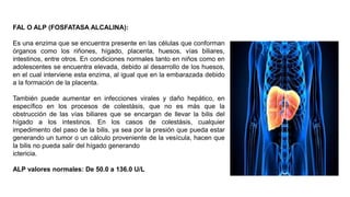 FAL O ALP (FOSFATASA ALCALINA):
Es una enzima que se encuentra presente en las células que conforman
órganos como los riñones, hígado, placenta, huesos, vías biliares,
intestinos, entre otros. En condiciones normales tanto en niños como en
adolescentes se encuentra elevada, debido al desarrollo de los huesos,
en el cual interviene esta enzima, al igual que en la embarazada debido
a la formación de la placenta.
También puede aumentar en infecciones virales y daño hepático, en
específico en los procesos de colestásis, que no es más que la
obstrucción de las vías biliares que se encargan de llevar la bilis del
hígado a los intestinos. En los casos de colestásis, cualquier
impedimento del paso de la bilis, ya sea por la presión que pueda estar
generando un tumor o un cálculo proveniente de la vesícula, hacen que
la bilis no pueda salir del hígado generando
ictericia.
ALP valores normales: De 50.0 a 136.0 U/L
 