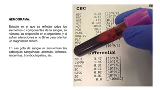 HEMOGRAMA:
Estudio en el que se reflejan todos los
elementos o componentes de la sangre, su
número, su proporción en el organismo y si
sufren alteraciones o no Sirve para orientar
un diagnóstico clínico.
En esa gota de sangre se encuentran las
patologías sanguíneas: anemias, linfomas,
leucemias, trombocitopatias, etc.
 