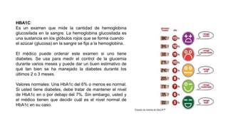HBA1C:
Es un examen que mide la cantidad de hemoglobina
glucosilada en la sangre. La hemoglobina glucosilada es
una sustancia en los glóbulos rojos que se forma cuando
el azúcar (glucosa) en la sangre se fija a la hemoglobina.
El médico puede ordenar este examen si uno tiene
diabetes. Se usa para medir el control de la glucemia
durante varios meses y puede dar un buen estimativo de
qué tan bien se ha manejado la diabetes durante los
últimos 2 o 3 meses.
Valores normales: Una HbA1c del 6% o menos es normal.
Si usted tiene diabetes, debe tratar de mantener el nivel
de HbA1c en o por debajo del 7%. Sin embargo, usted y
el médico tienen que decidir cuál es el nivel normal de
HbA1c en su caso.
 