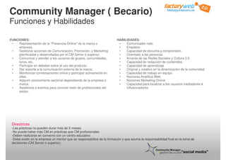 Community Manager ( Becario)
Funciones y Habilidades
FUNCIONES:
• Representación de la "Presencia Online" de la marca o
em...