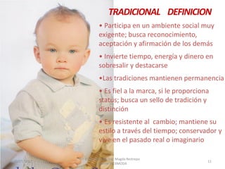 TRADICIONAL DEFINICION
• Participa en un ambiente social muy
exigente; busca reconocimiento,
aceptación y afirmación de los demás
• Invierte tiempo, energía y dinero en
sobresalir y destacarse
•Las tradiciones mantienen permanencia
• Es fiel a la marca, si le proporciona
status; busca un sello de tradición y
distinción
• Es resistente al cambio; mantiene su
estilo a través del tiempo; conservador y
vive en el pasado real o imaginario
30/07/2012

Elaborado por: Ing. Magda Restrepo
Fuente INEXMODA

11

 