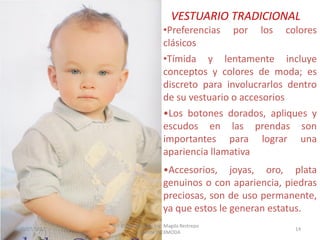 VESTUARIO TRADICIONAL
•Preferencias por los colores
clásicos
•Tímida y lentamente incluye
conceptos y colores de moda; es
discreto para involucrarlos dentro
de su vestuario o accesorios
•Los botones dorados, apliques y
escudos en las prendas son
importantes para lograr una
apariencia llamativa
•Accesorios, joyas, oro, plata
genuinos o con apariencia, piedras
preciosas, son de uso permanente,
ya que estos le generan estatus.
30/07/2012

Elaborado por: Ing. Magda Restrepo
Fuente INEXMODA

14

 