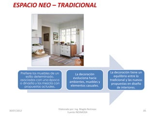 ESPACIO NEO – TRADICIONAL

Prefiere los muebles de un
estilo determinado,
asociados con una época
o dinastía y los mezcla con
propuestas actuales.

30/07/2012

La decoración
evoluciona hacia
ambientes, muebles y
elementos casuales.

Elaborado por: Ing. Magda Restrepo
Fuente INEXMODA

La decoración tiene un
equilibrio entre lo
tradicional y las nuevas
propuestas en diseño
de interiores.

20

 