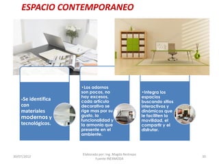 ESPACIO CONTEMPORANEO

•Se

identifica

con
materiales
modernos y
tecnológicos.

30/07/2012

•Los adornos
son pocos, no
hay excesos,
cada artículo
decorativo se
rige mas por su
gusto, la
funcionalidad y
la armonía que
presente en el
ambiente.

Elaborado por: Ing. Magda Restrepo
Fuente INEXMODA

•Integra los
espacios
buscando sitios
interactivos y
dinámicos que
le faciliten la
movilidad, el
compartir y el
disfrutar.

30

 