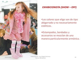 EXHIBICIONISTA (SHOW – OFF)

•Los colores que elige son de tipo
abigarrado y no necesariamente
estéticos.
•Estampados, bordados y
accesorios se mezclan de una
manera particularmente armónica.

30/07/2012

Elaborado por: Ing. Magda Restrepo
Fuente INEXMODA

40

 