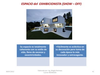 ESPACIO del EXHIBICIONISTA (SHOW – OFF)

Su espacio es totalmente
coherente con su estilo de
vida, lleno de excesos y
excentricidades.

30/07/2012

•Fácilmente es ecléctico en
su decoración pero toma de
cada época lo más
innovador y extravagante.

Elaborado por: Ing. Magda Restrepo
Fuente INEXMODA

41

 