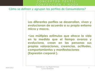 CONCEPTOS TEXTIL,
CONFECCION Y MODA
Cómo se definen y agrupan los perfiles de Consumidores?

Los diferentes perfiles se desarrollan, viven y
evolucionan de acuerdo a su propio entorno
micro y macro.
•Los múltiples estímulos que ofrece la vida
en la medida que el tiempo avanza y
evoluciona, crean en las personas sus
propias valoraciones, creencias, actitudes,
comportamientos y manifestaciones
(Expresión corporal ).

30/07/2012

Elaborado por: Ing. Magda Restrepo
Fuente INEXMODA

7

 